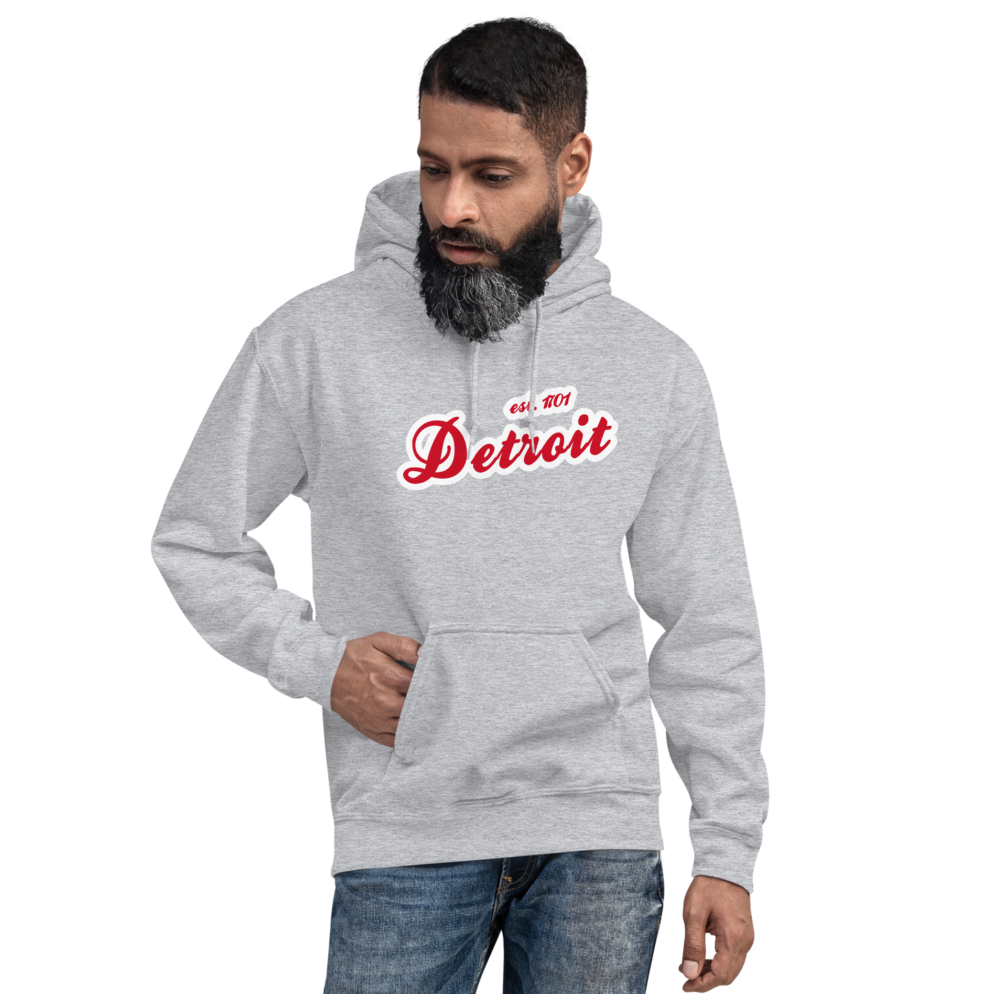 'Detroit EST. 1701' Hoodie (Aliform Red Script Font) | Unisex Standard