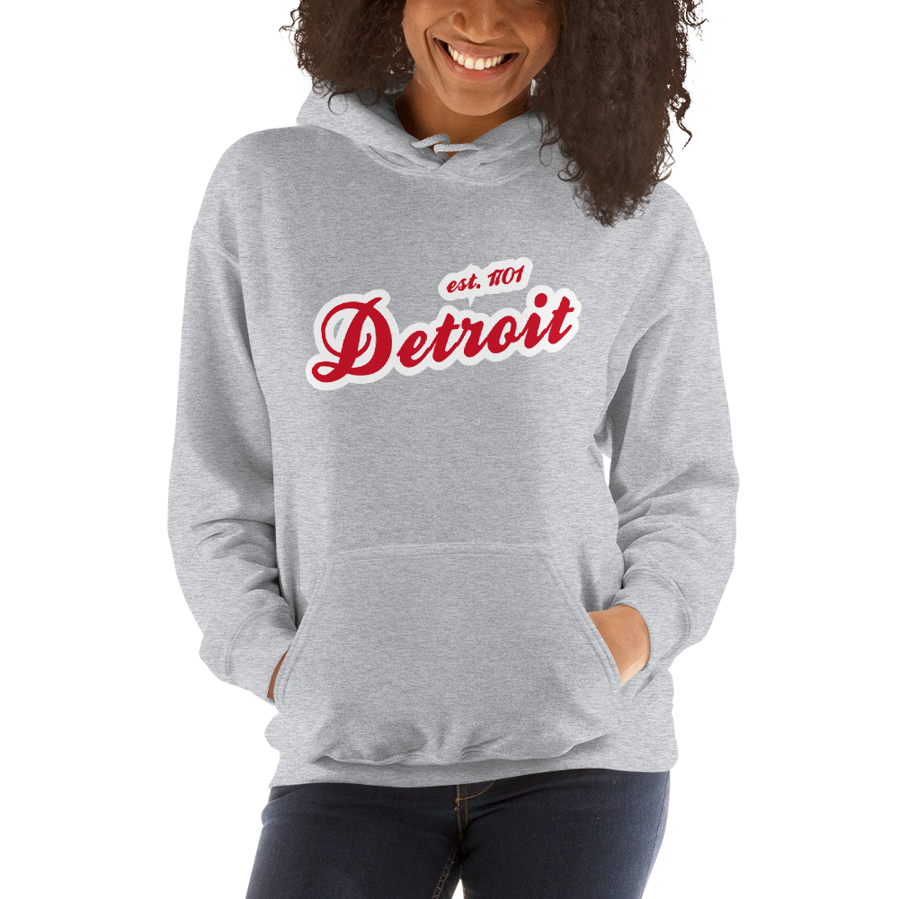 'Detroit EST. 1701' Hoodie (Aliform Red Script Font) | Unisex Standard