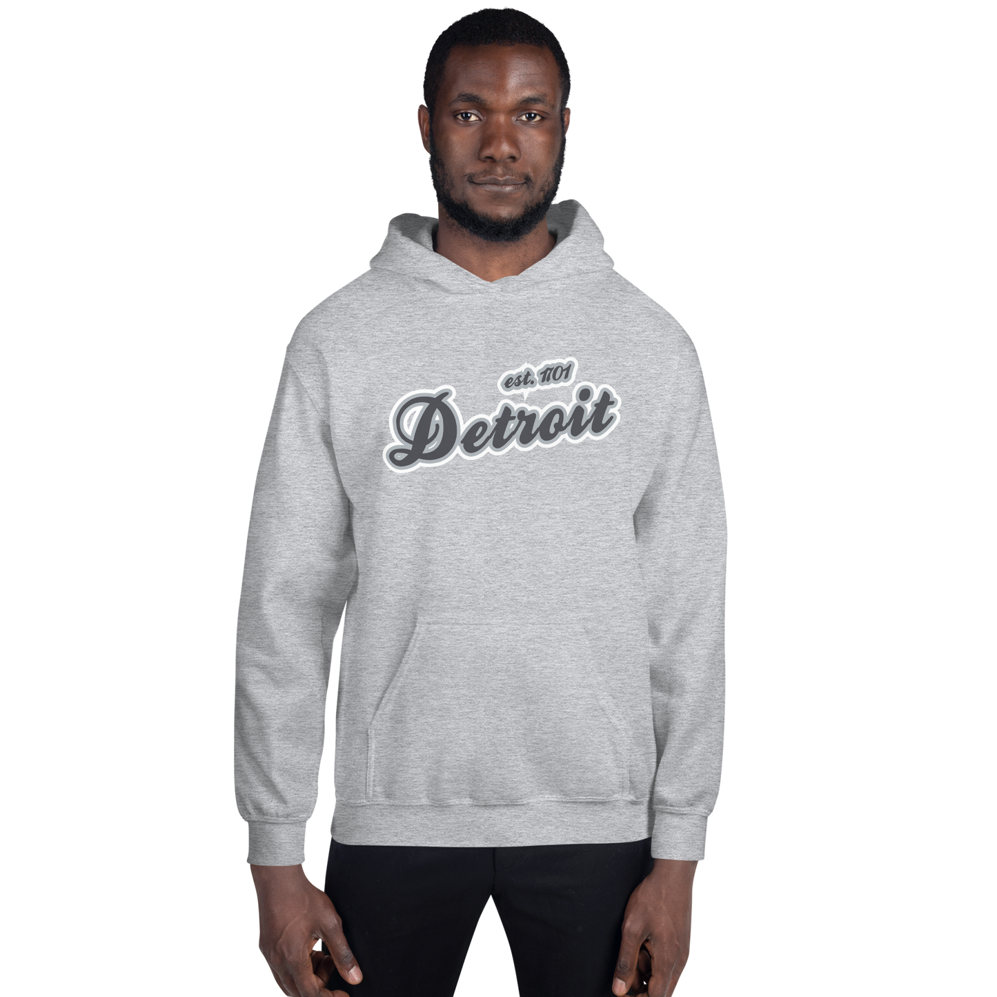 'Detroit EST. 1701' Hoodie (Iron Ore Grey Script Font) | Unisex Standard