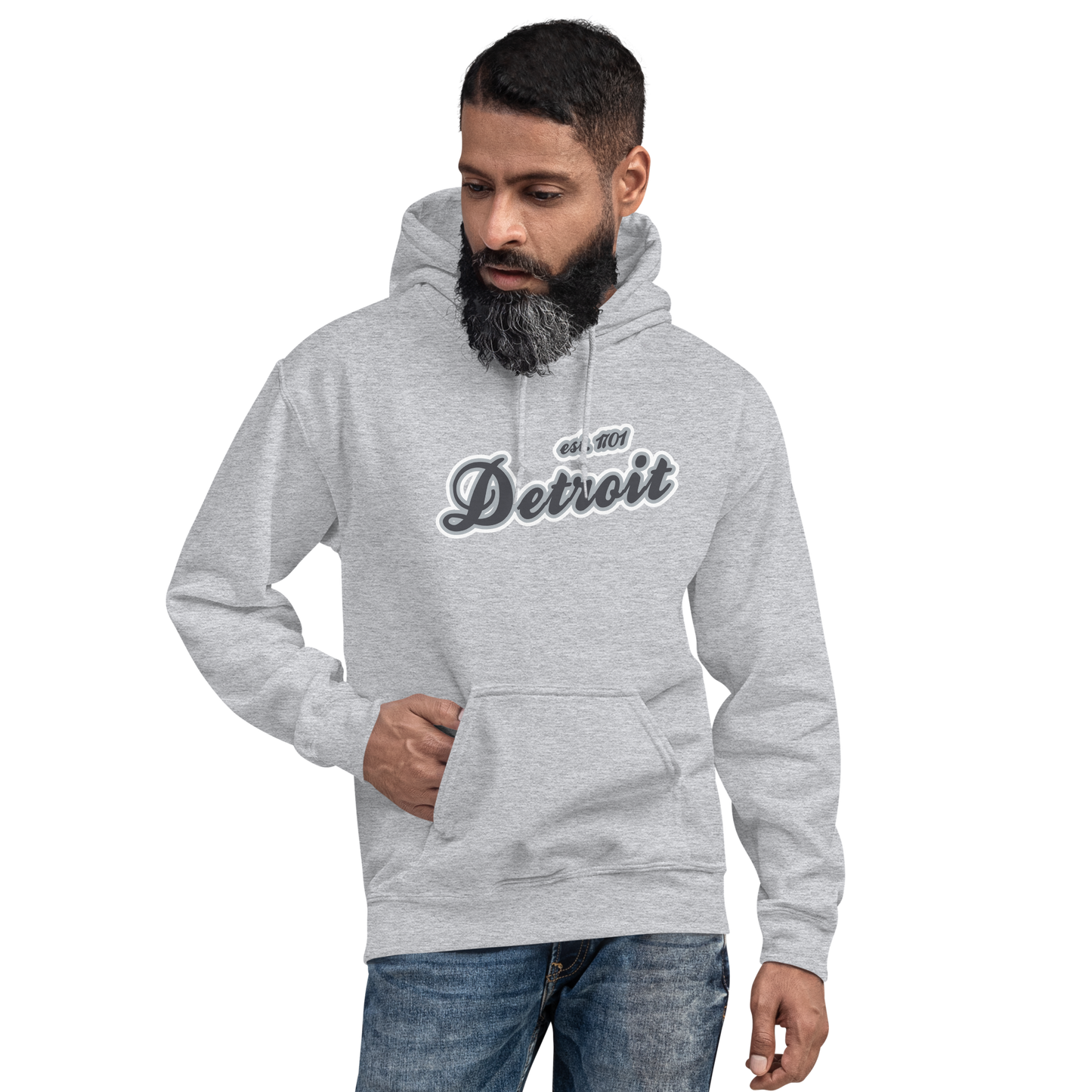 'Detroit EST. 1701' Hoodie (Iron Ore Grey Script Font) | Unisex Standard