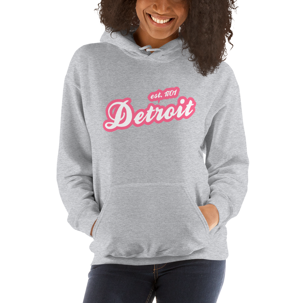 'Detroit EST. 1701' Hoodie (Rhodochrosite Pink Script Font) | Unisex Standard