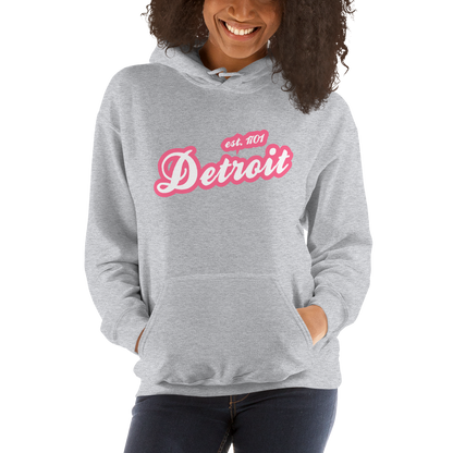 'Detroit EST. 1701' Hoodie (Rhodochrosite Pink Script Font) | Unisex Standard