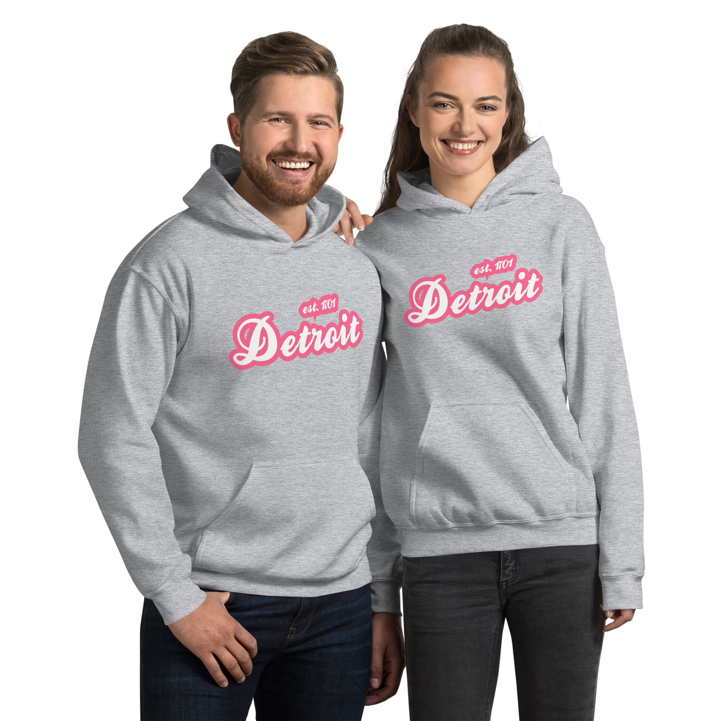 'Detroit EST. 1701' Hoodie (Rhodochrosite Pink Script Font) | Unisex Standard