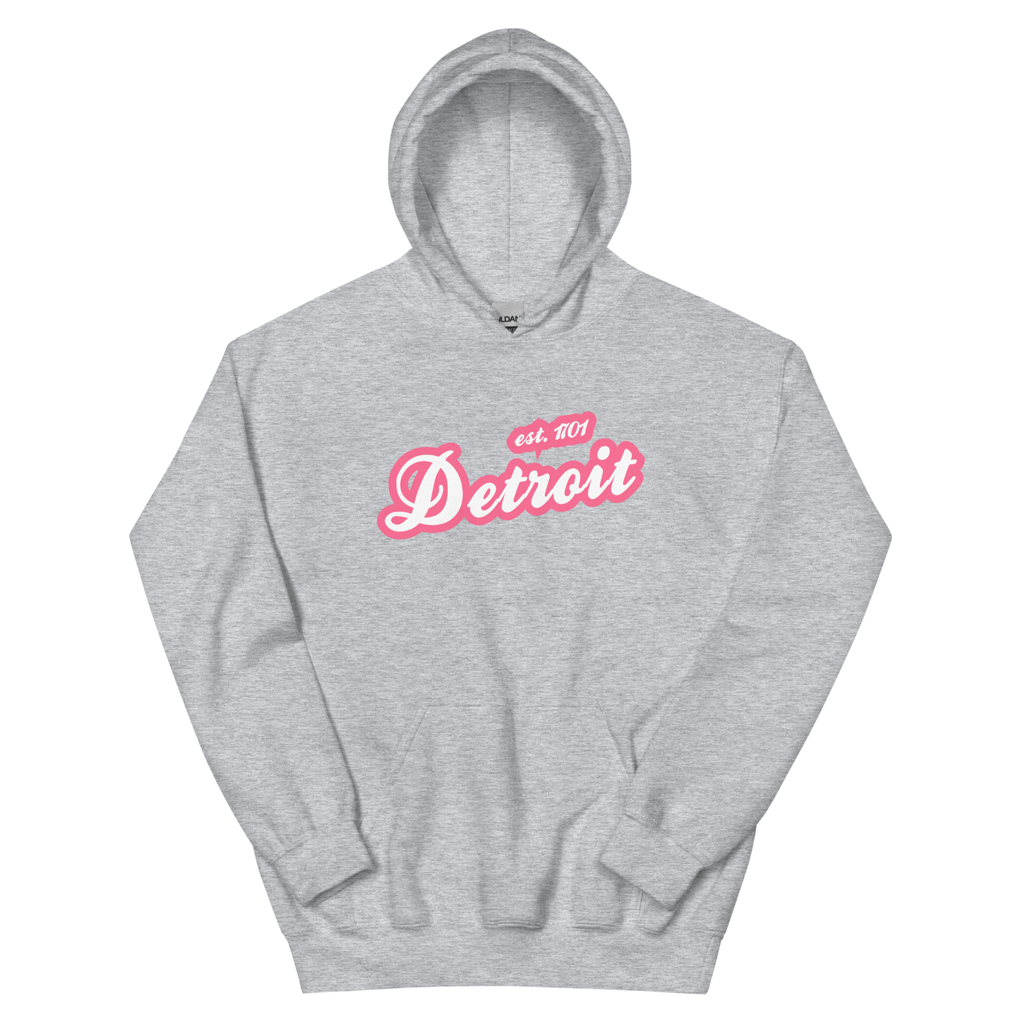 'Detroit EST. 1701' Hoodie (Rhodochrosite Pink Script Font) | Unisex Standard