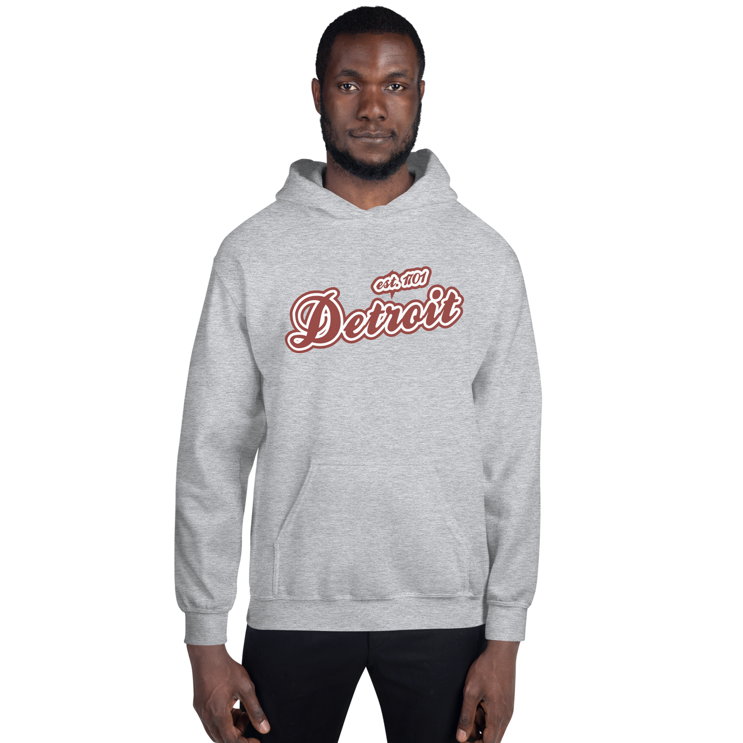 'Detroit EST. 1701' Hoodie (Ore Dock Red Script Font) | Unisex Standard