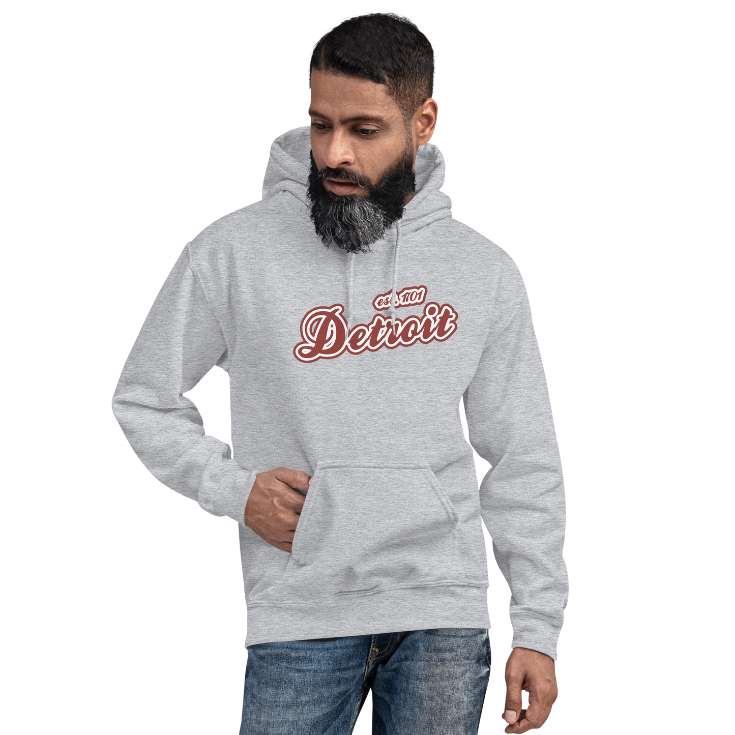 'Detroit EST. 1701' Hoodie (Ore Dock Red Script Font) | Unisex Standard