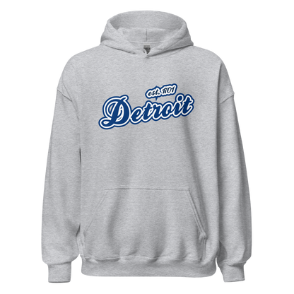 'Detroit EST. 1701' Hoodie (Dearborn Blue Script Font) | Unisex Standard