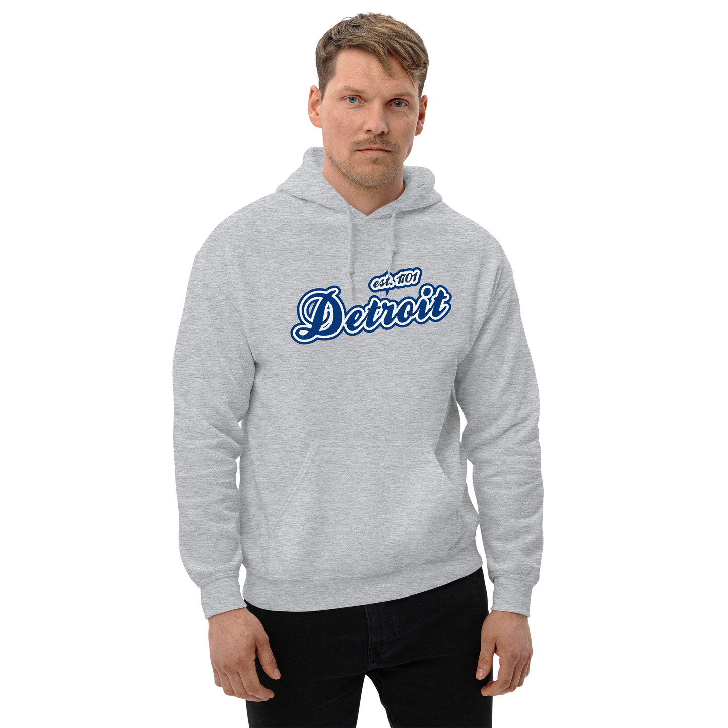 'Detroit EST. 1701' Hoodie (Dearborn Blue Script Font) | Unisex Standard