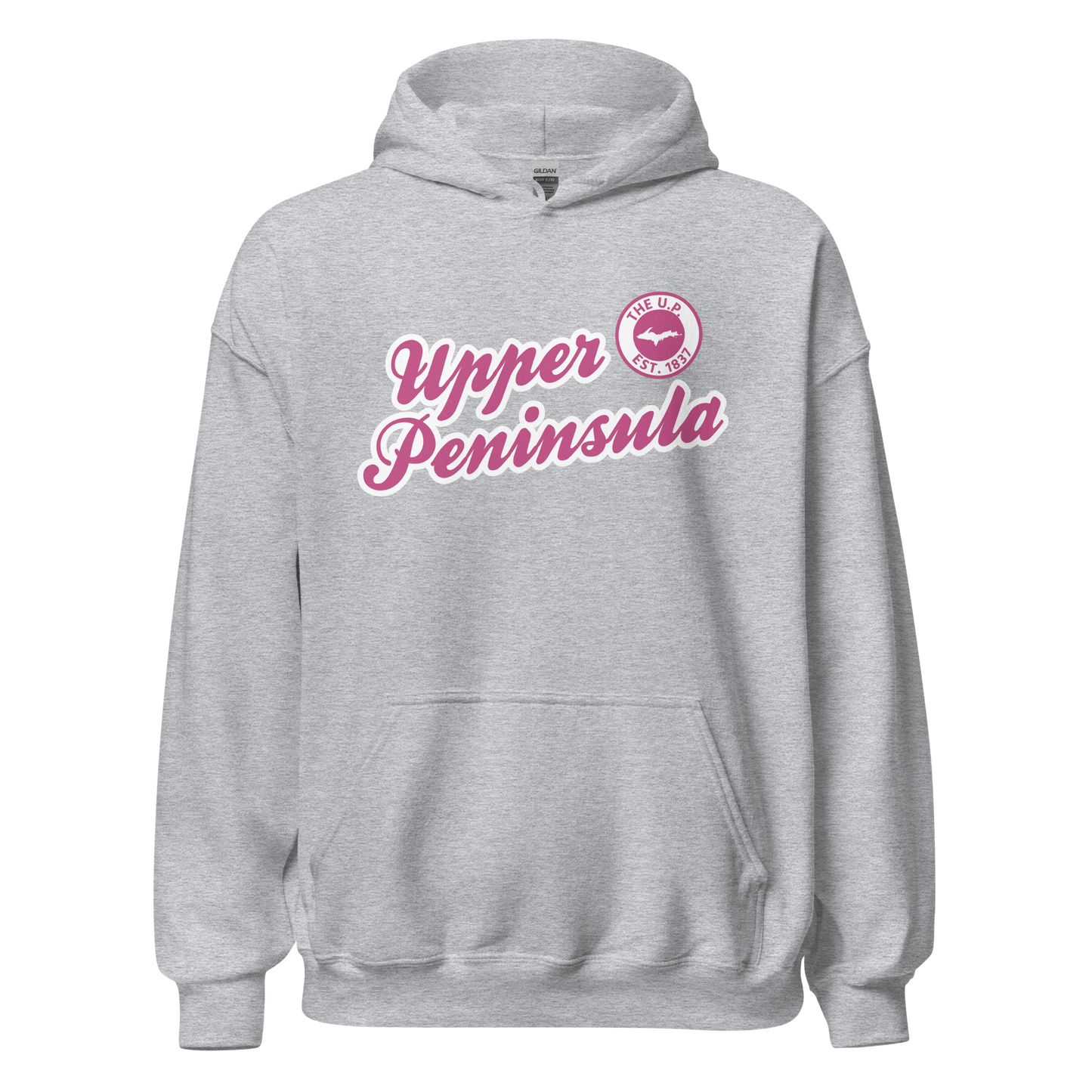 'Upper Peninsula EST. 1837' Hoodie (Apple Blossom Pink Script Font) | Unisex Standard