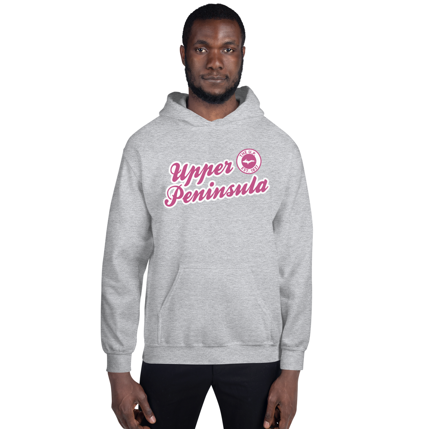 'Upper Peninsula EST. 1837' Hoodie (Apple Blossom Pink Script Font) | Unisex Standard