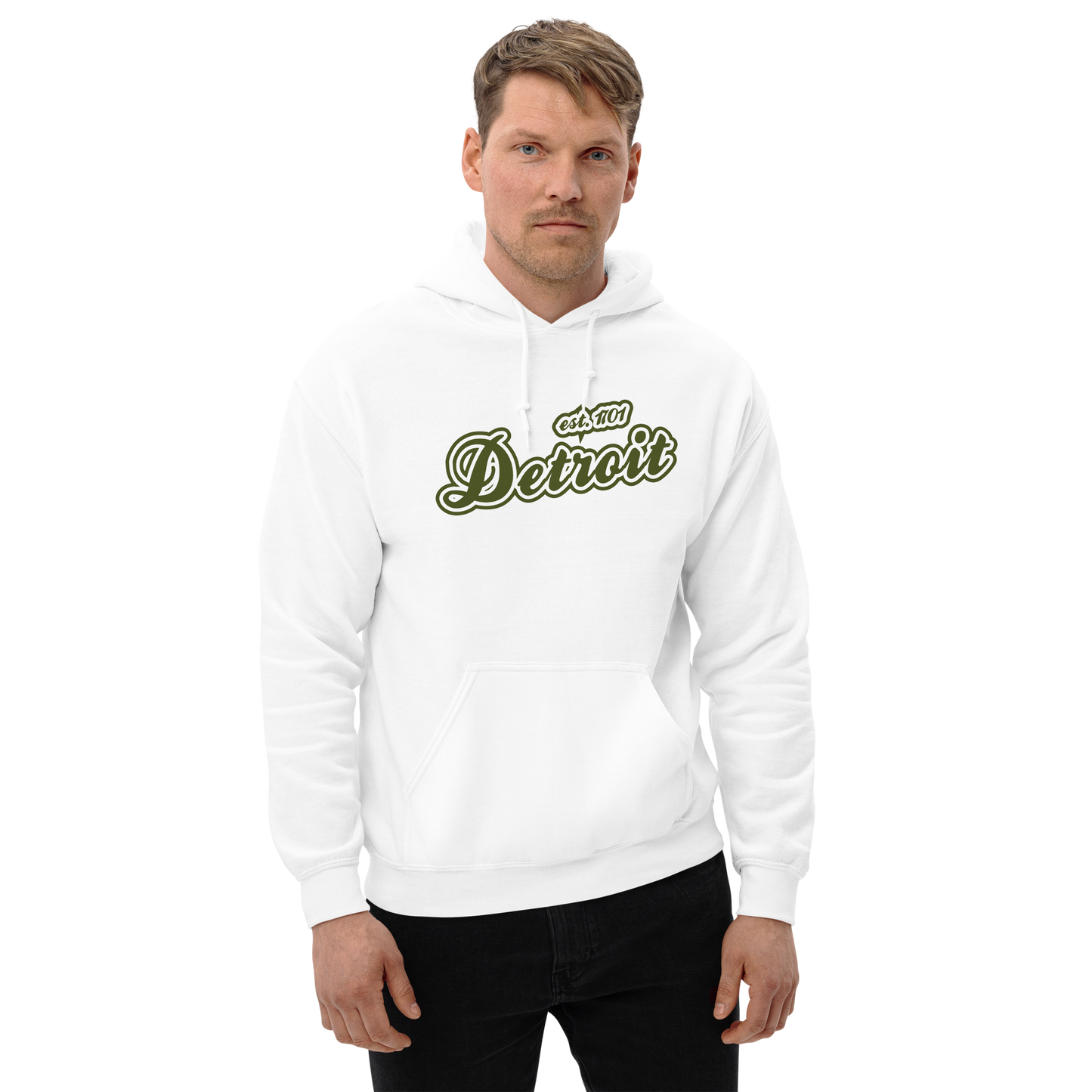 'Detroit EST. 1701' Hoodie (Army Green Script Font) | Unisex Standard