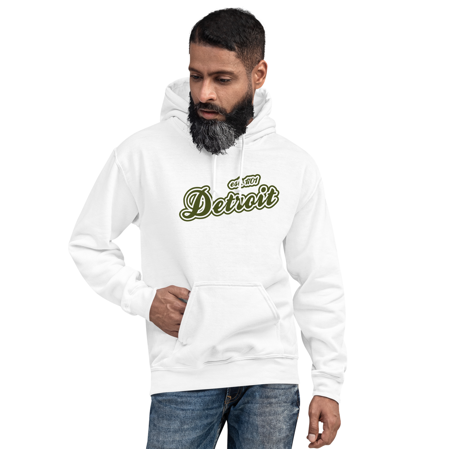 'Detroit EST. 1701' Hoodie (Army Green Script Font) | Unisex Standard