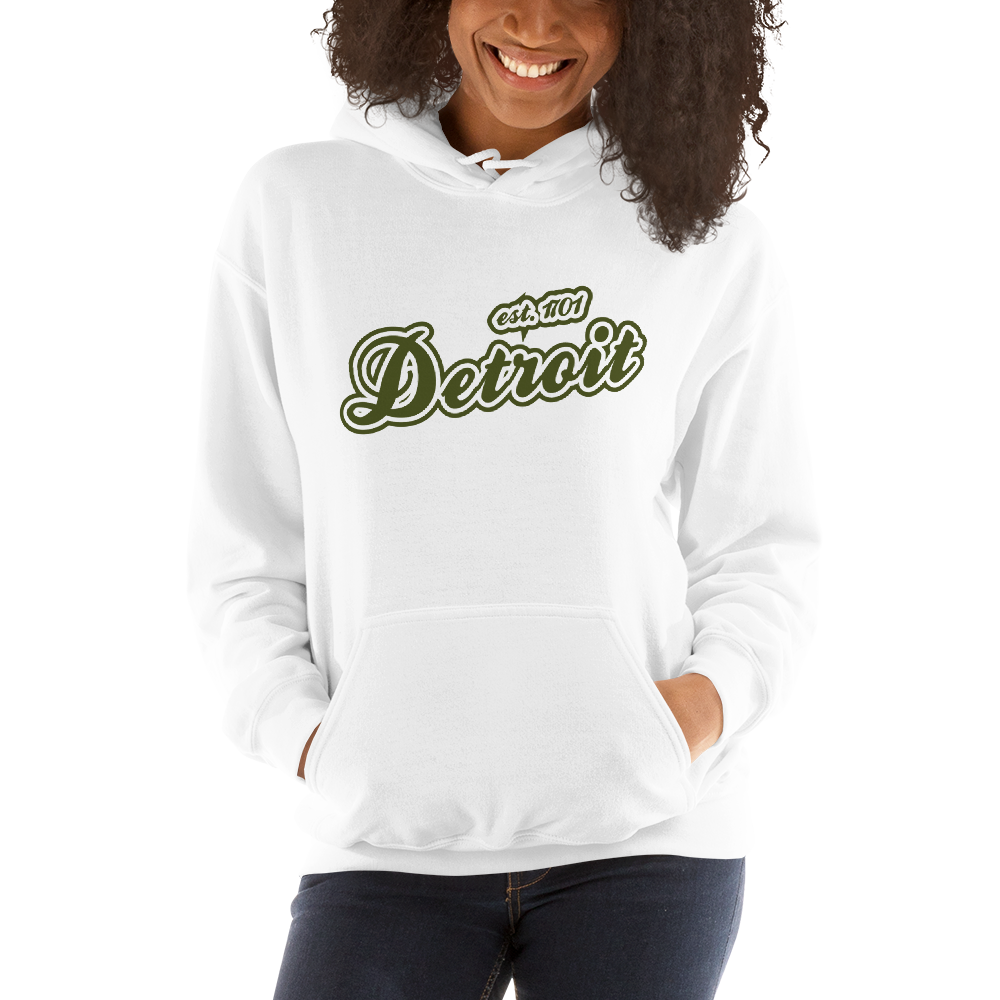 'Detroit EST. 1701' Hoodie (Army Green Script Font) | Unisex Standard