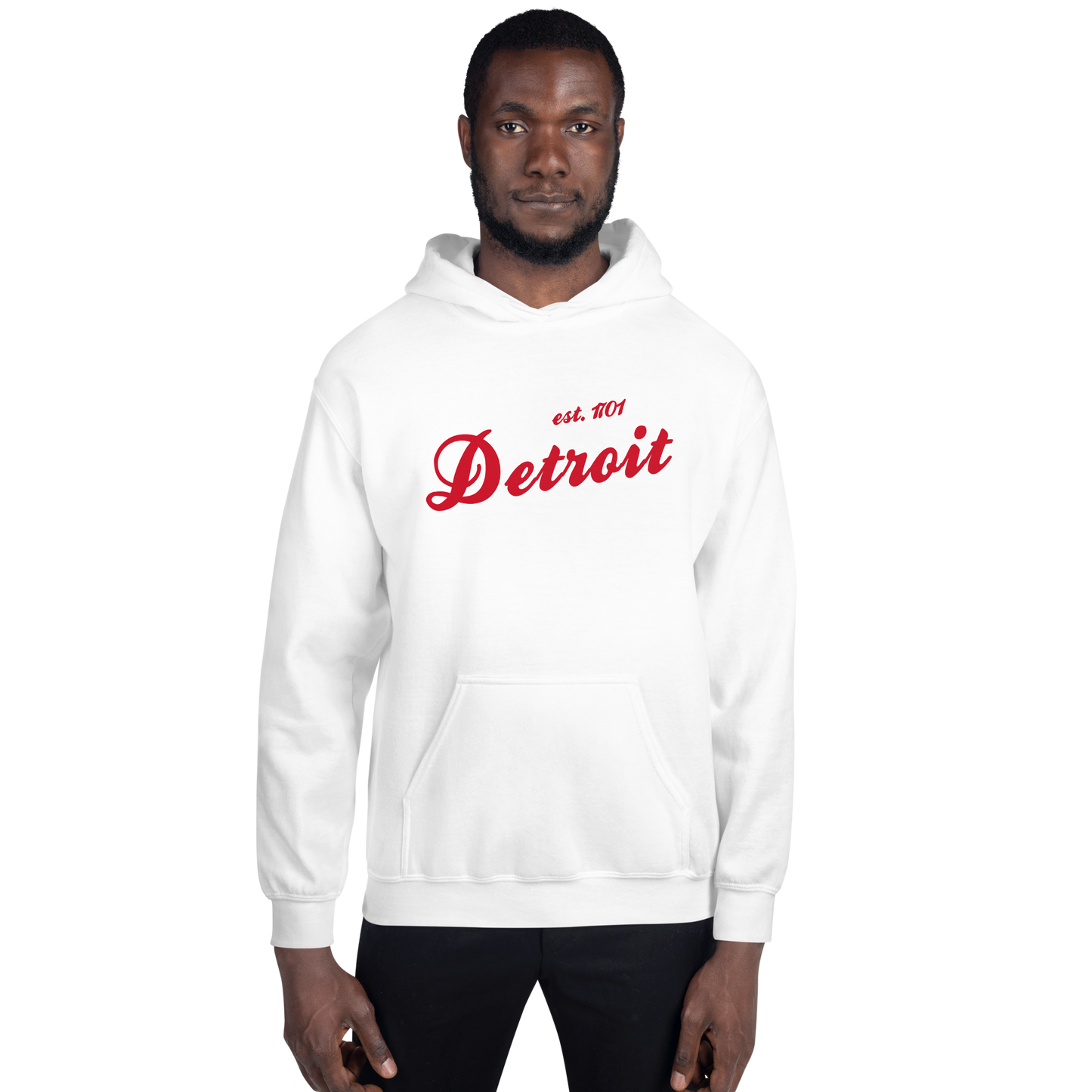 'Detroit EST. 1701' Hoodie (Aliform Red Script Font) | Unisex Standard