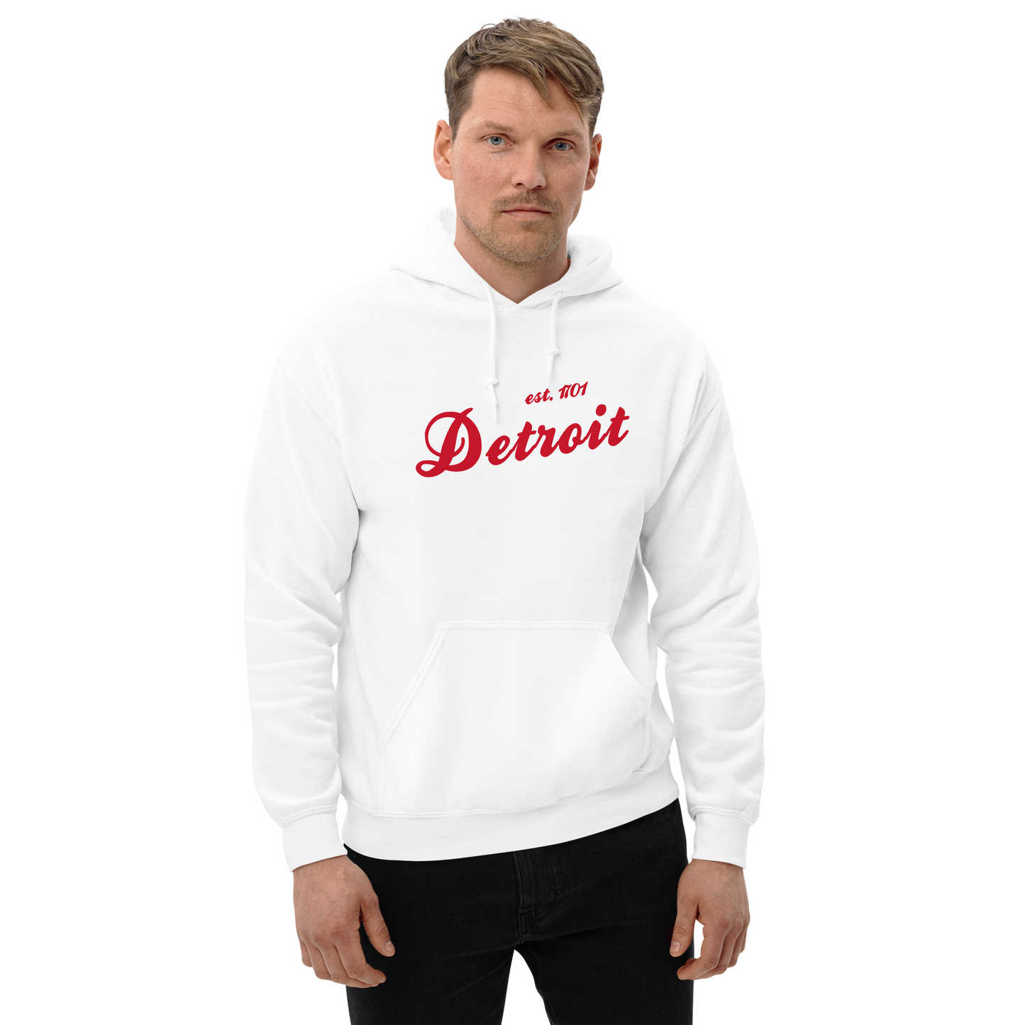 'Detroit EST. 1701' Hoodie (Aliform Red Script Font) | Unisex Standard