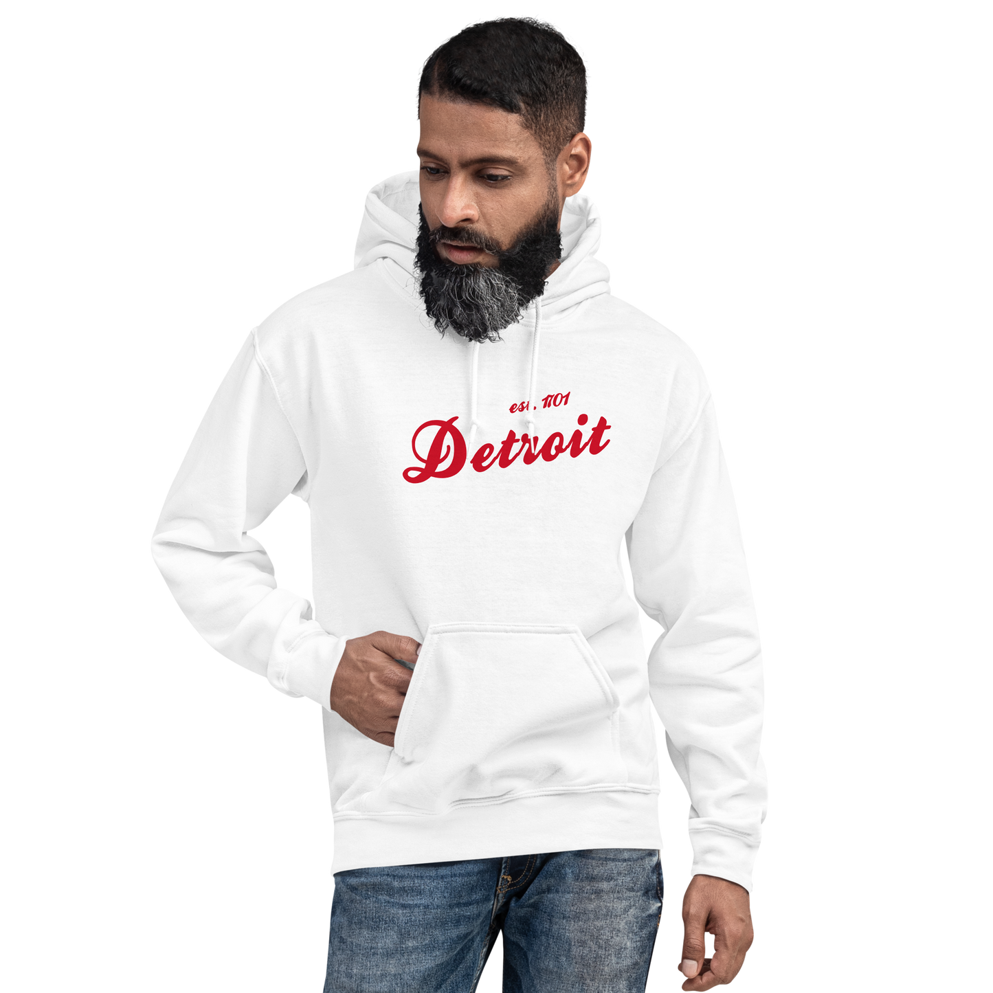 'Detroit EST. 1701' Hoodie (Aliform Red Script Font) | Unisex Standard