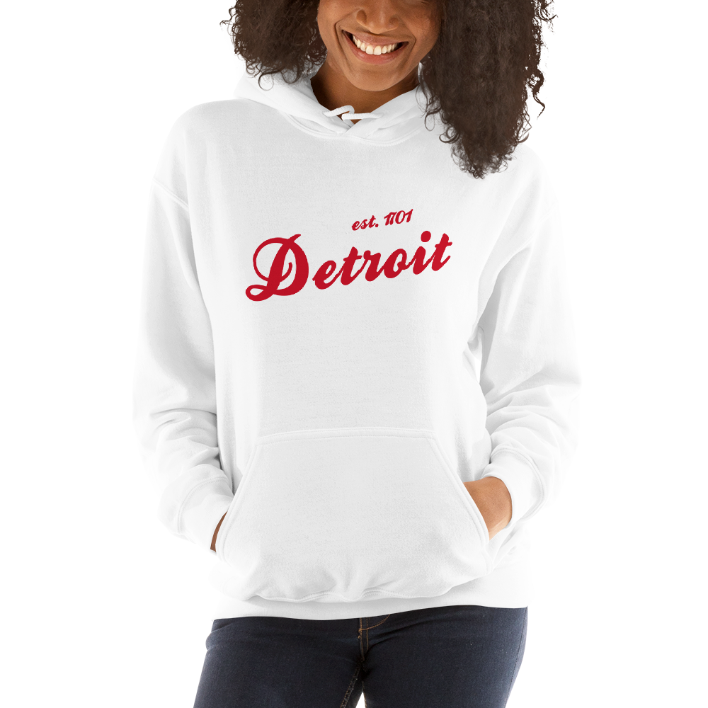 'Detroit EST. 1701' Hoodie (Aliform Red Script Font) | Unisex Standard