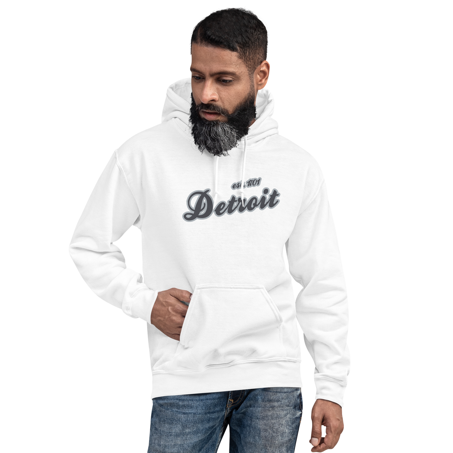 'Detroit EST. 1701' Hoodie (Iron Ore Grey Script Font) | Unisex Standard