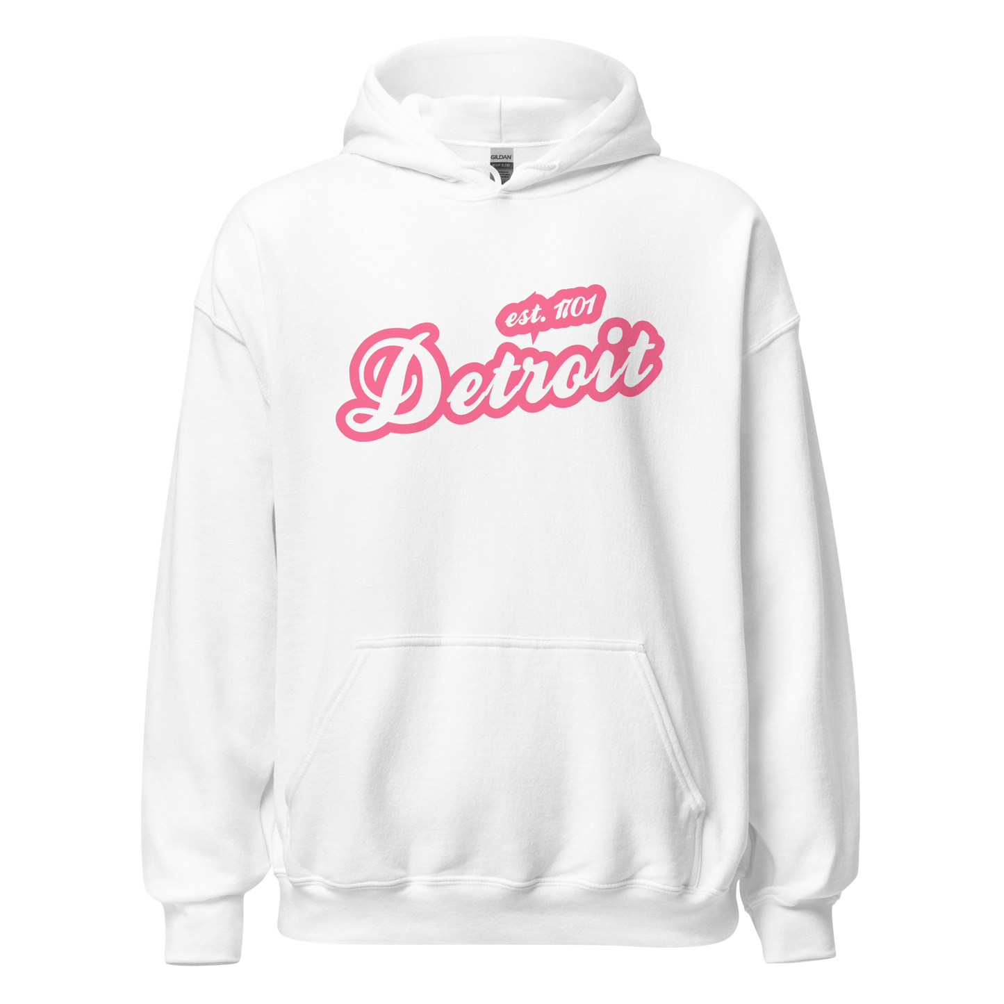 'Detroit EST. 1701' Hoodie (Rhodochrosite Pink Script Font) | Unisex Standard