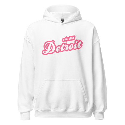 'Detroit EST. 1701' Hoodie (Rhodochrosite Pink Script Font) | Unisex Standard