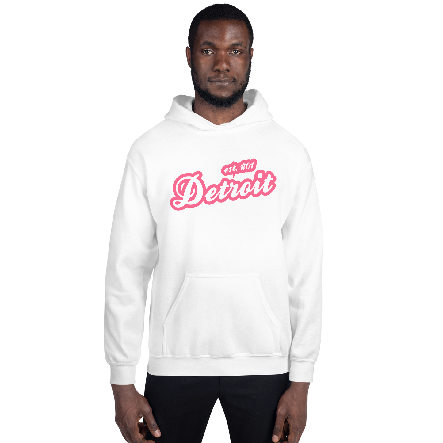 'Detroit EST. 1701' Hoodie (Rhodochrosite Pink Script Font) | Unisex Standard