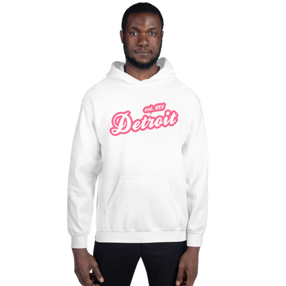 'Detroit EST. 1701' Hoodie (Rhodochrosite Pink Script Font) | Unisex Standard