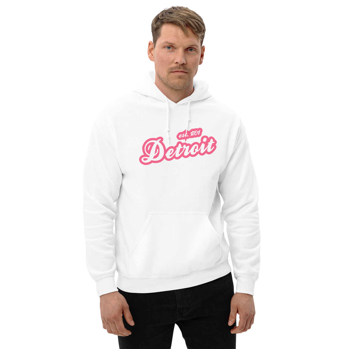 'Detroit EST. 1701' Hoodie (Rhodochrosite Pink Script Font) | Unisex Standard