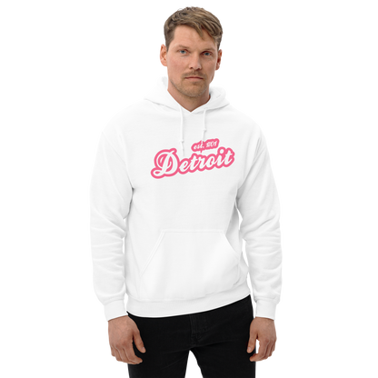 'Detroit EST. 1701' Hoodie (Rhodochrosite Pink Script Font) | Unisex Standard