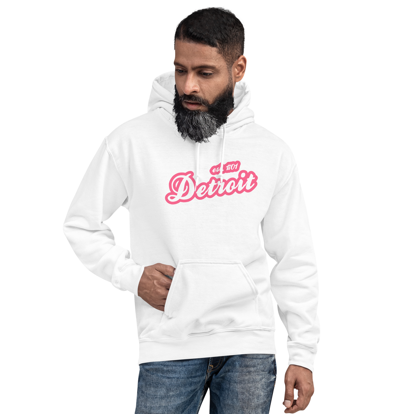 'Detroit EST. 1701' Hoodie (Rhodochrosite Pink Script Font) | Unisex Standard