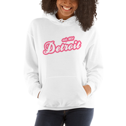 'Detroit EST. 1701' Hoodie (Rhodochrosite Pink Script Font) | Unisex Standard