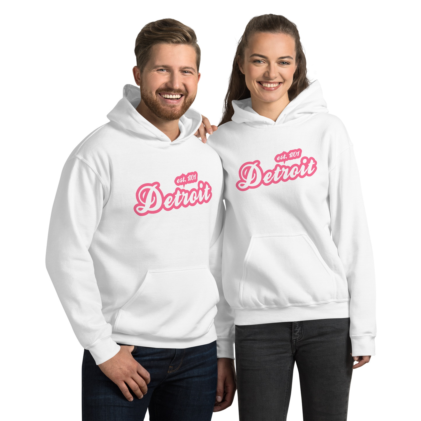 'Detroit EST. 1701' Hoodie (Rhodochrosite Pink Script Font) | Unisex Standard