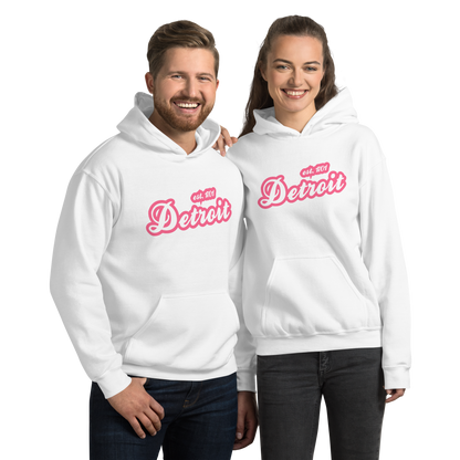 'Detroit EST. 1701' Hoodie (Rhodochrosite Pink Script Font) | Unisex Standard