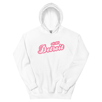 'Detroit EST. 1701' Hoodie (Rhodochrosite Pink Script Font) | Unisex Standard