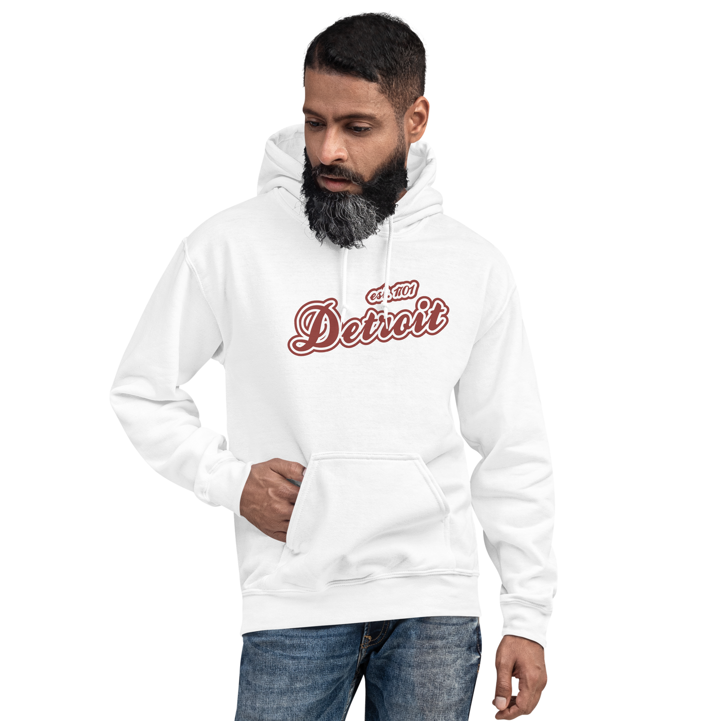 'Detroit EST. 1701' Hoodie (Ore Dock Red Script Font) | Unisex Standard