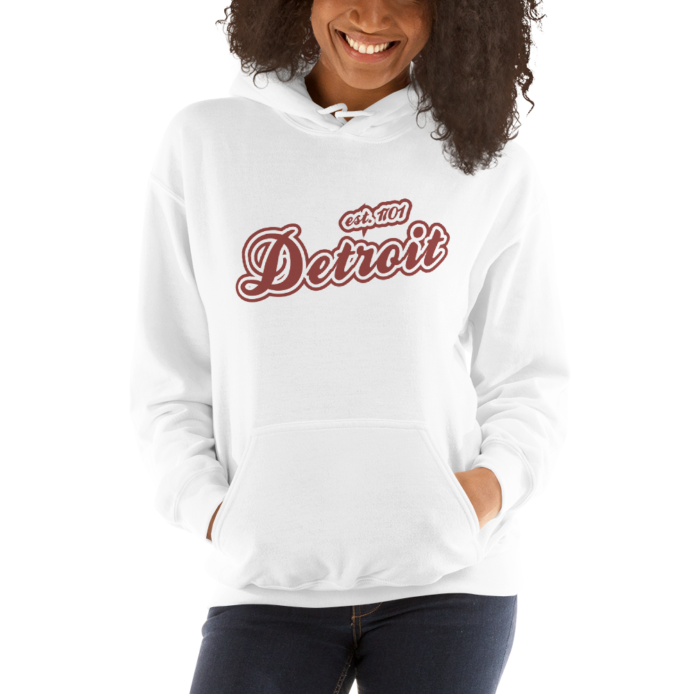 'Detroit EST. 1701' Hoodie (Ore Dock Red Script Font) | Unisex Standard