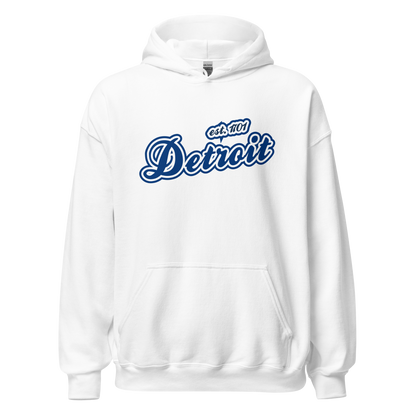 'Detroit EST. 1701' Hoodie (Dearborn Blue Script Font) | Unisex Standard