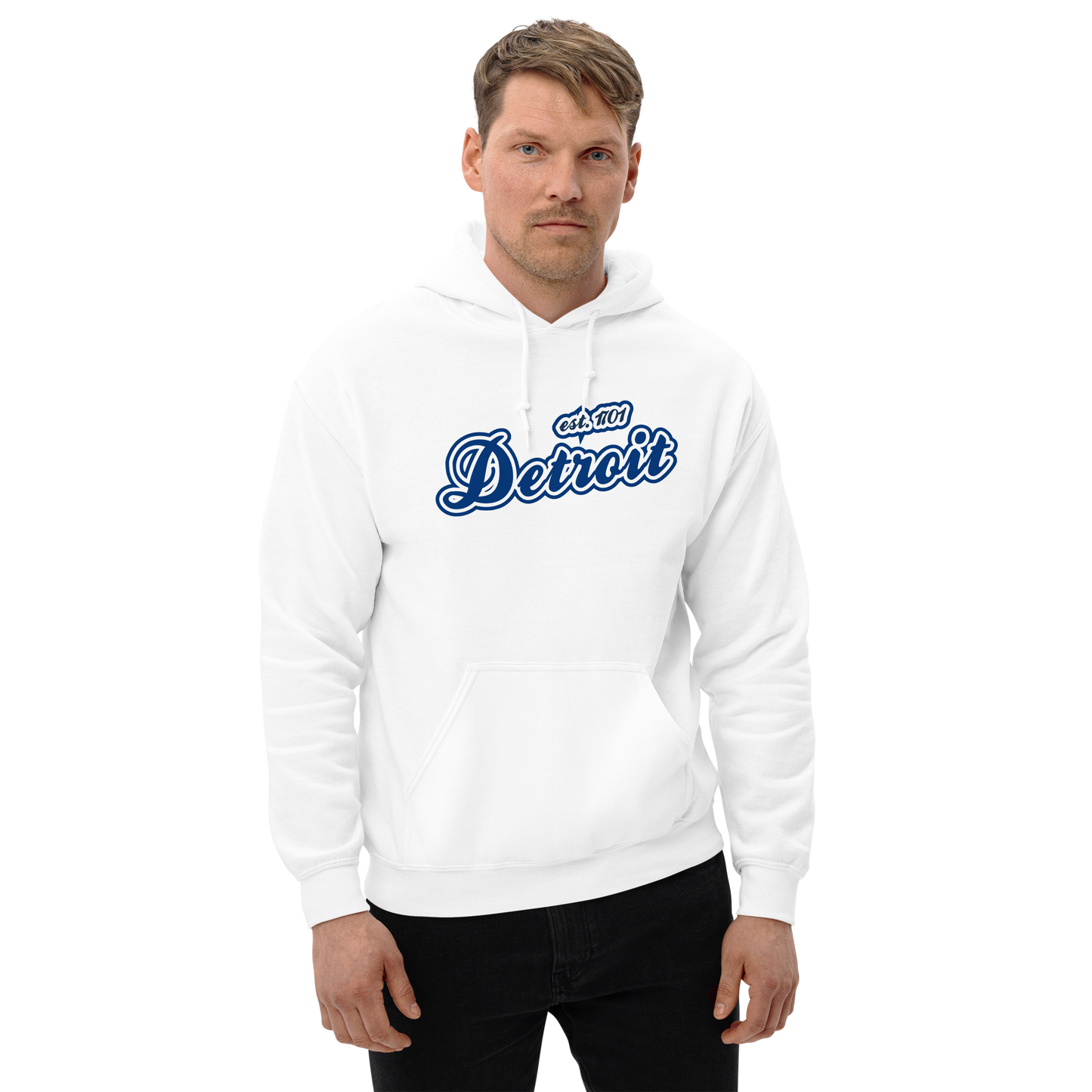 'Detroit EST. 1701' Hoodie (Dearborn Blue Script Font) | Unisex Standard