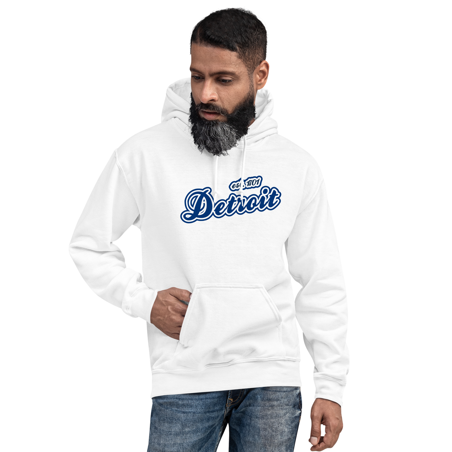 'Detroit EST. 1701' Hoodie (Dearborn Blue Script Font) | Unisex Standard