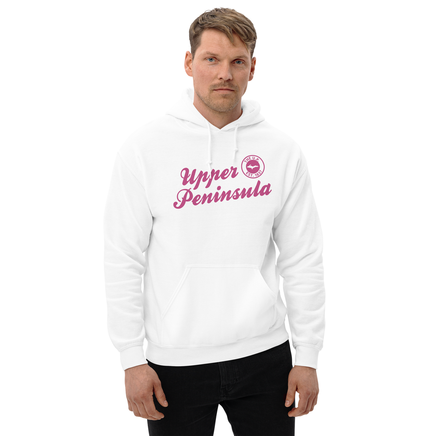 'Upper Peninsula EST. 1837' Hoodie (Apple Blossom Pink Script Font) | Unisex Standard