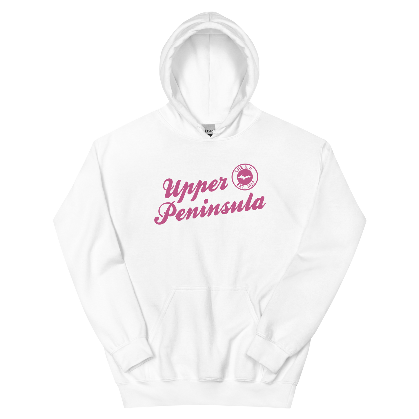 'Upper Peninsula EST. 1837' Hoodie (Apple Blossom Pink Script Font) | Unisex Standard