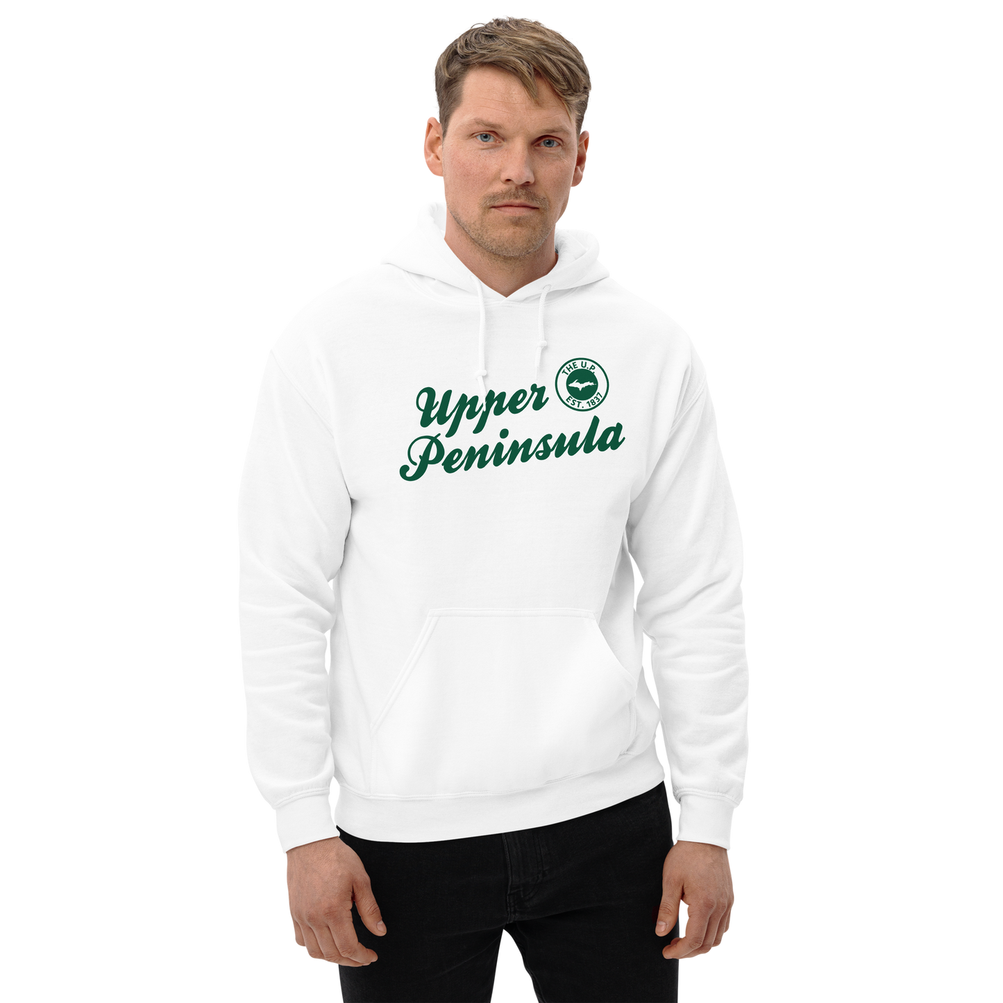 'Upper Peninsula EST. 1837' Hoodie (Superior Green Script Font) | Unisex Standard