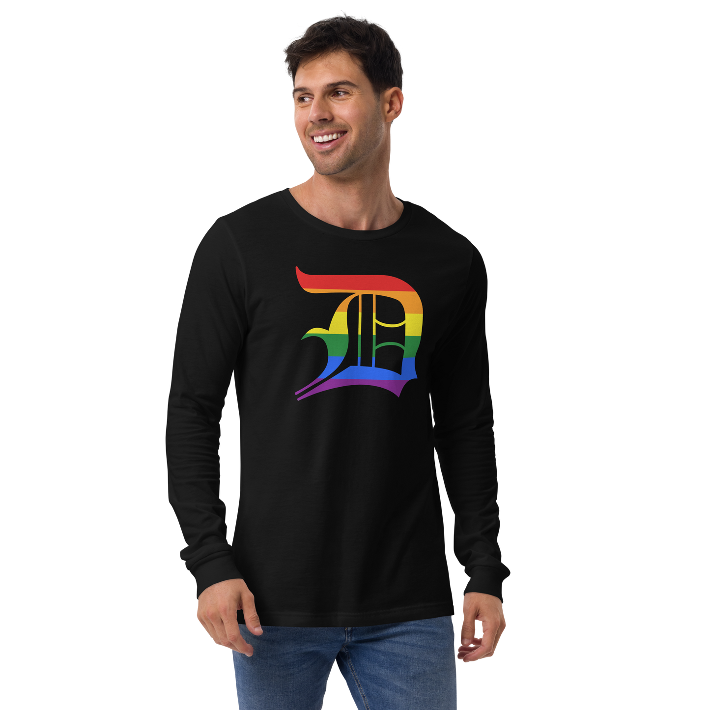 Detroit 'Old English D' T-Shirt (Rainbow Pride Edition) | Unisex Long Sleeve