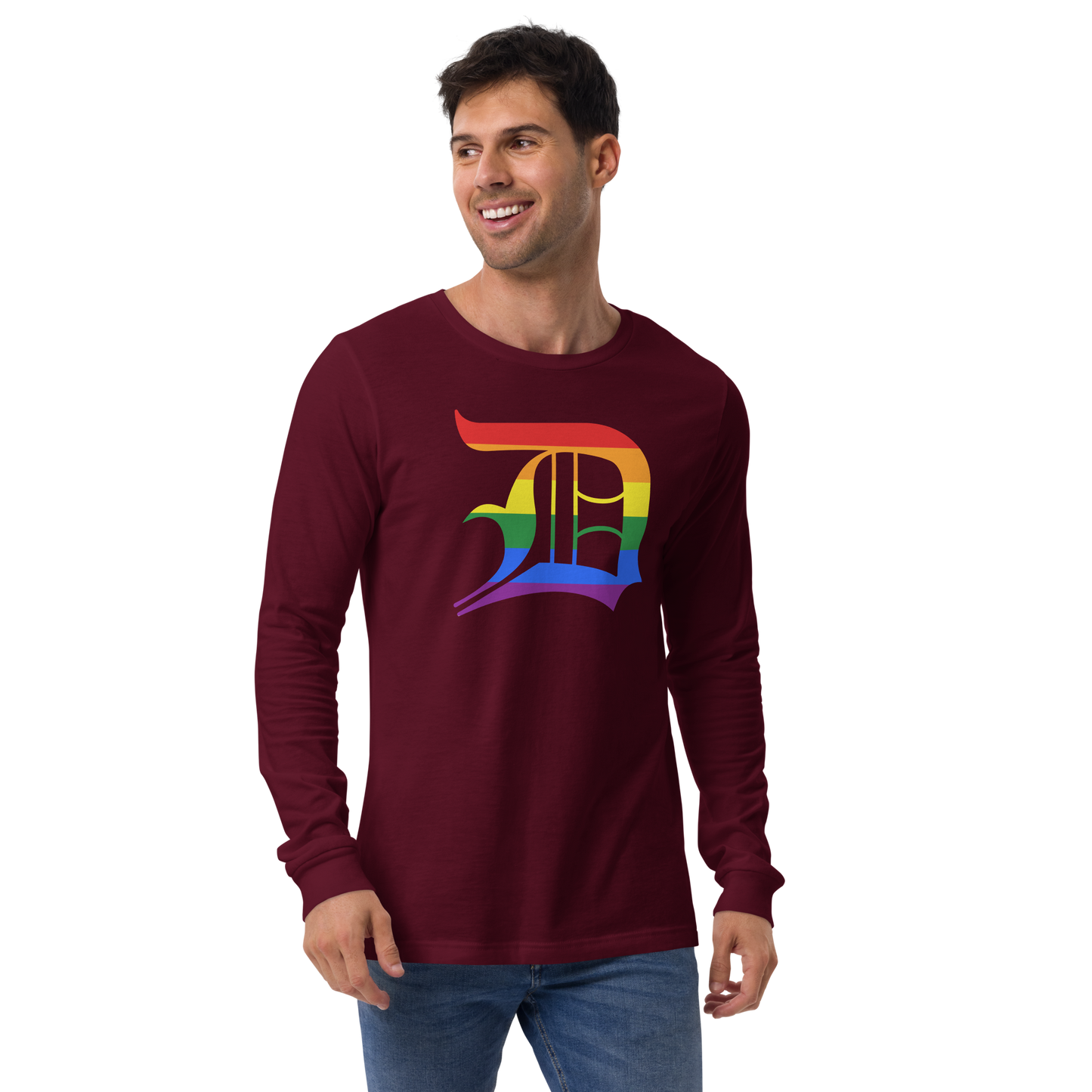 Detroit 'Old English D' T-Shirt (Rainbow Pride Edition) | Unisex Long Sleeve