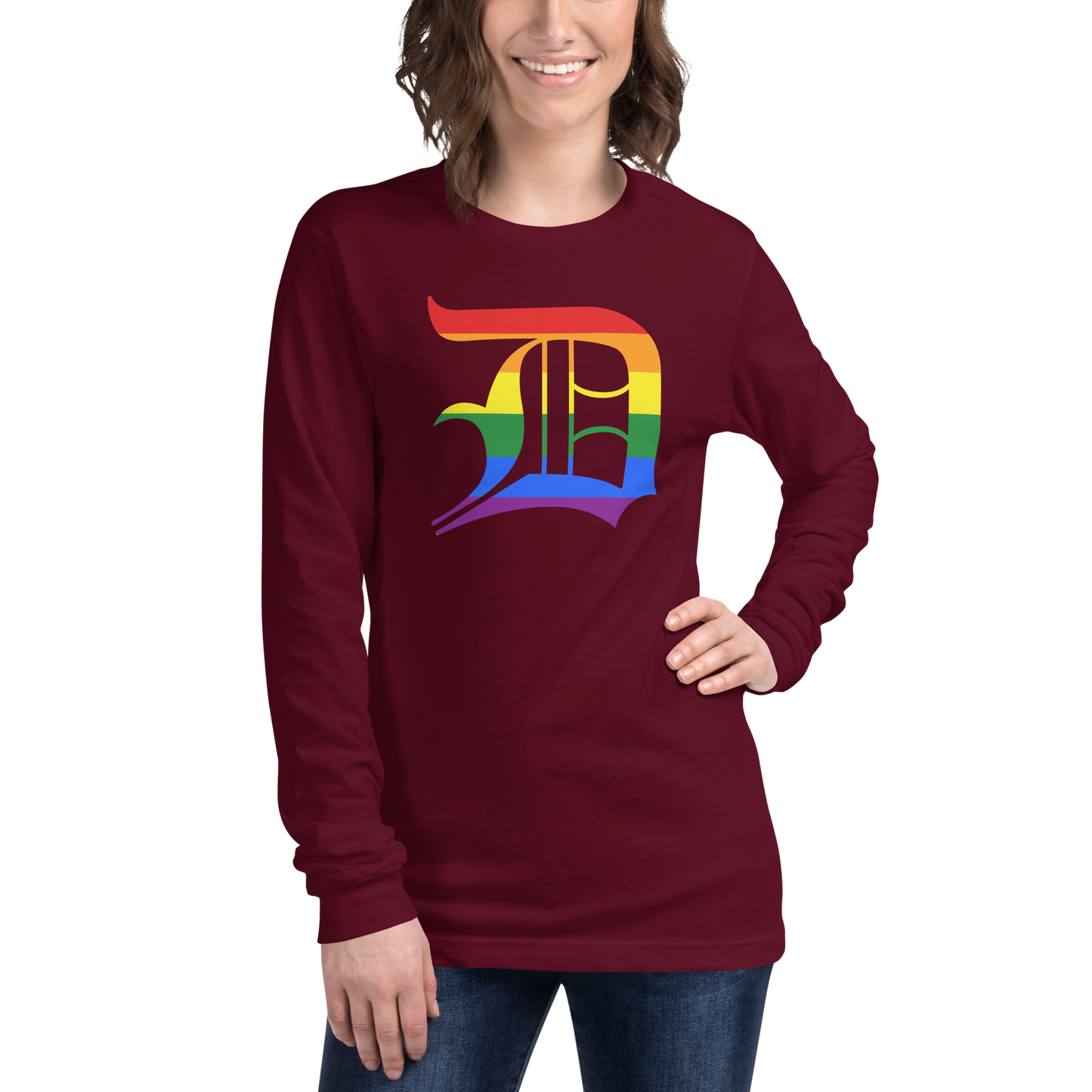 Detroit 'Old English D' T-Shirt (Rainbow Pride Edition) | Unisex Long Sleeve