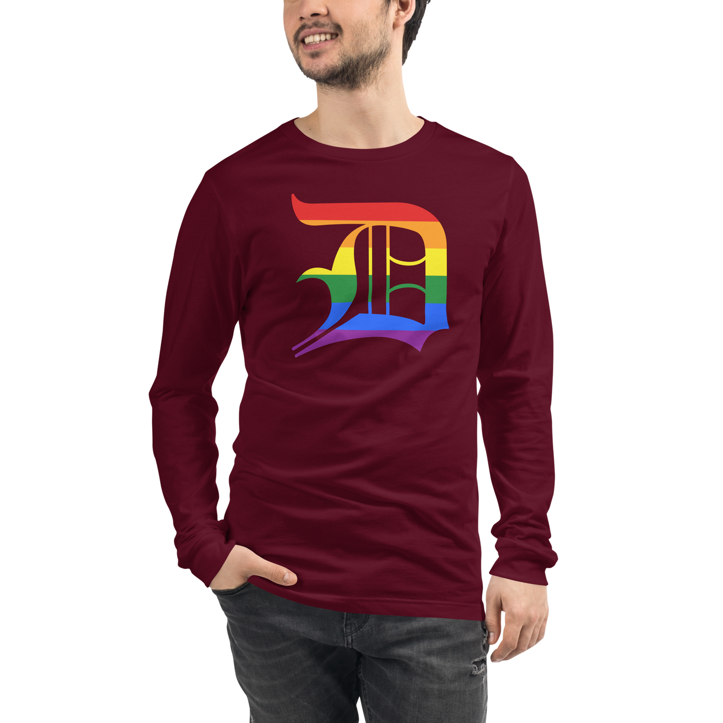 Detroit 'Old English D' T-Shirt (Rainbow Pride Edition) | Unisex Long Sleeve