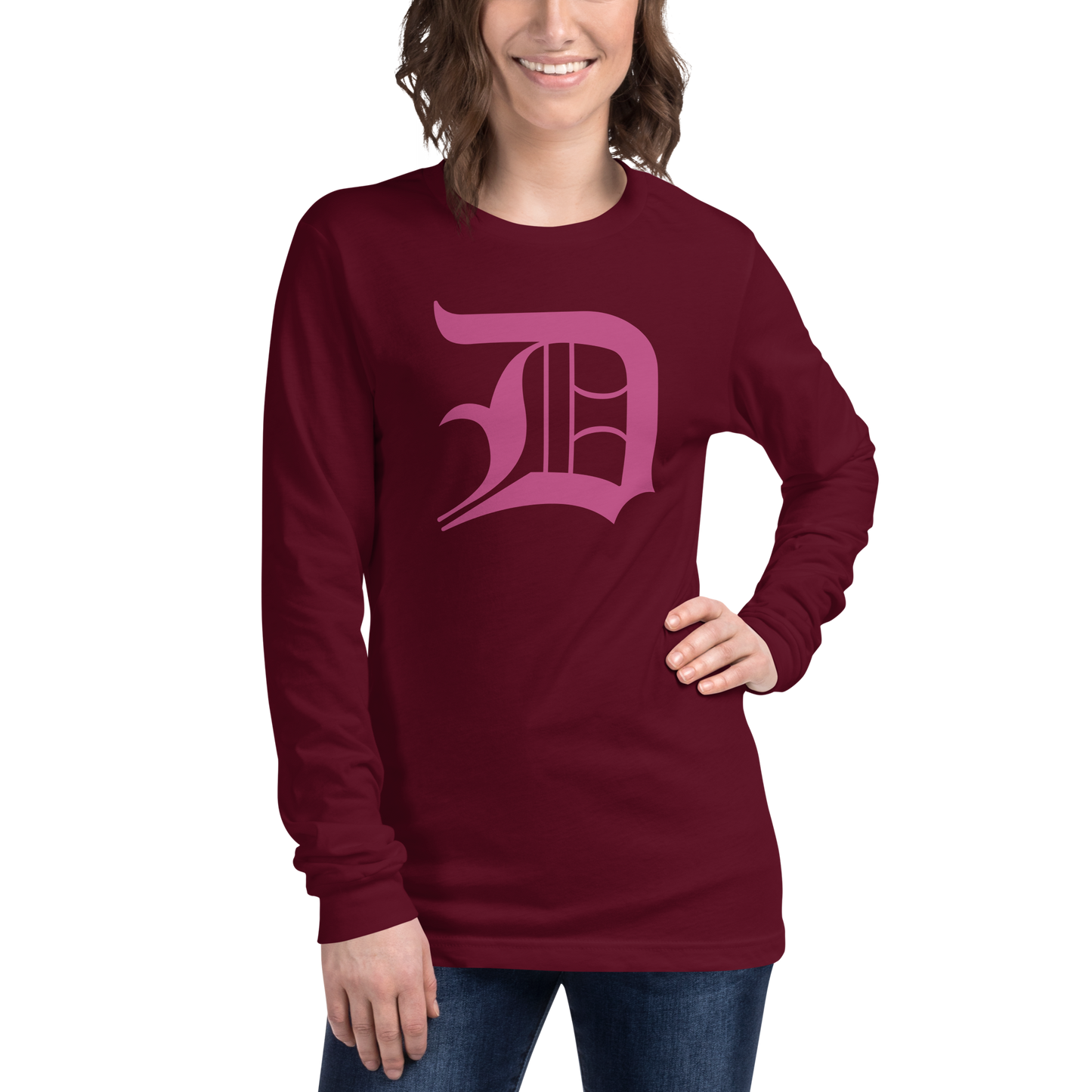 Detroit 'Old English D' T-Shirt (Apple Blossom Pink) | Unisex Long Sleeve