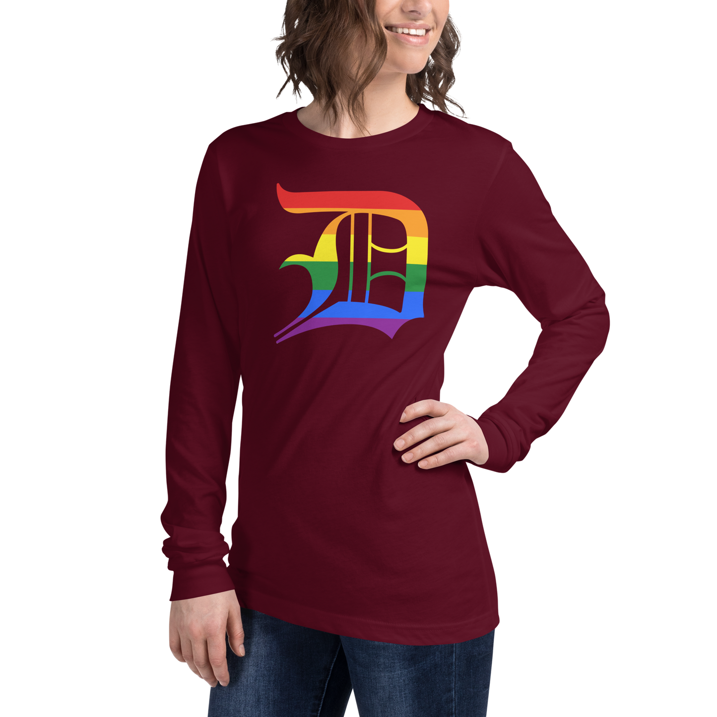 Detroit 'Old English D' T-Shirt (Rainbow Pride Edition) | Unisex Long Sleeve