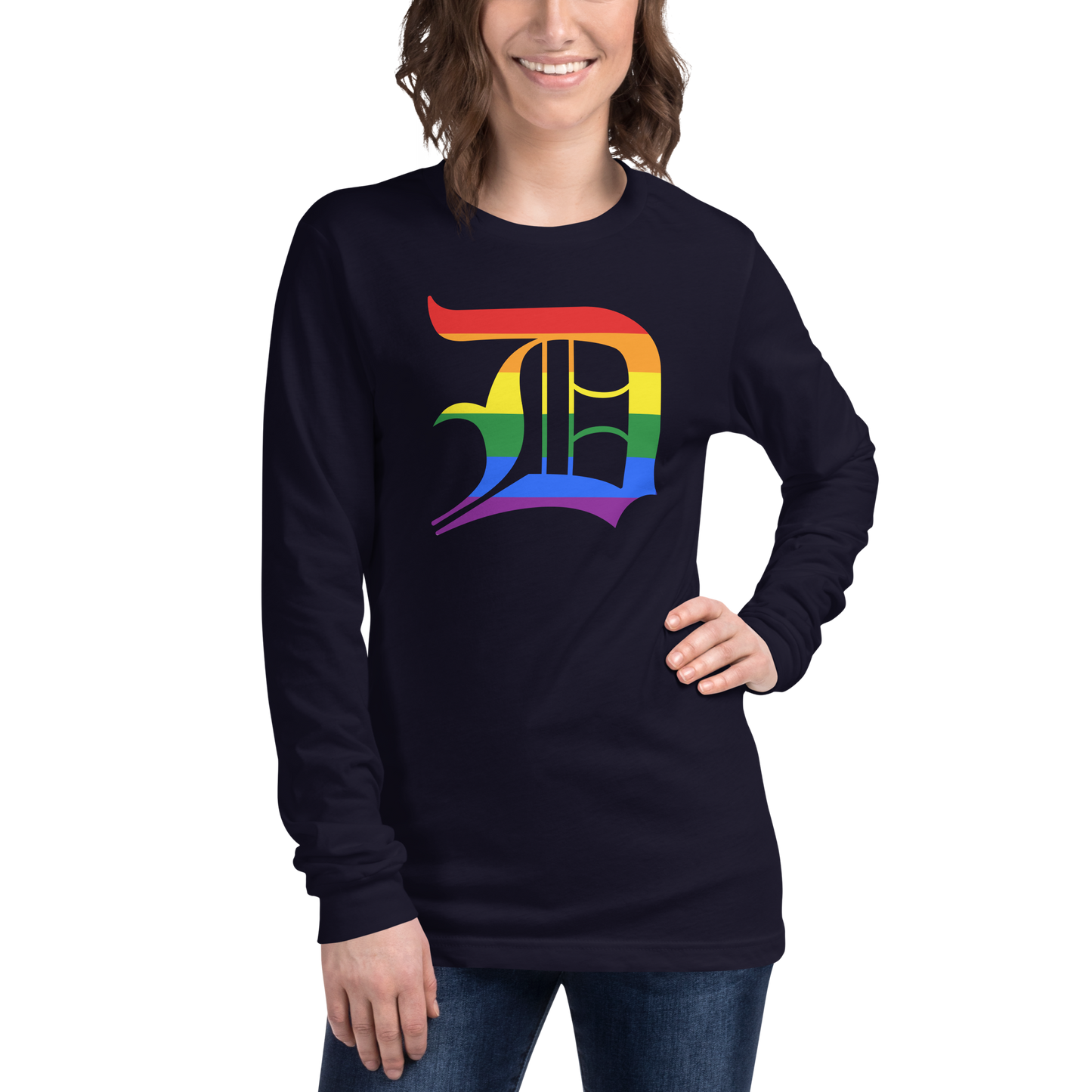 Detroit 'Old English D' T-Shirt (Rainbow Pride Edition) | Unisex Long Sleeve