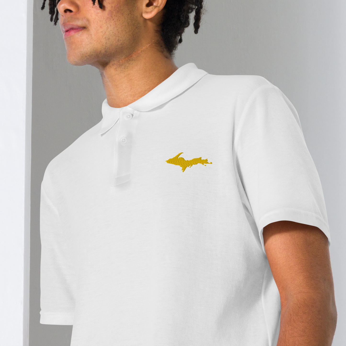 Michigan Upper Peninsula Polo Shirt (w/ Gold UP Outline) | Unisex Pique