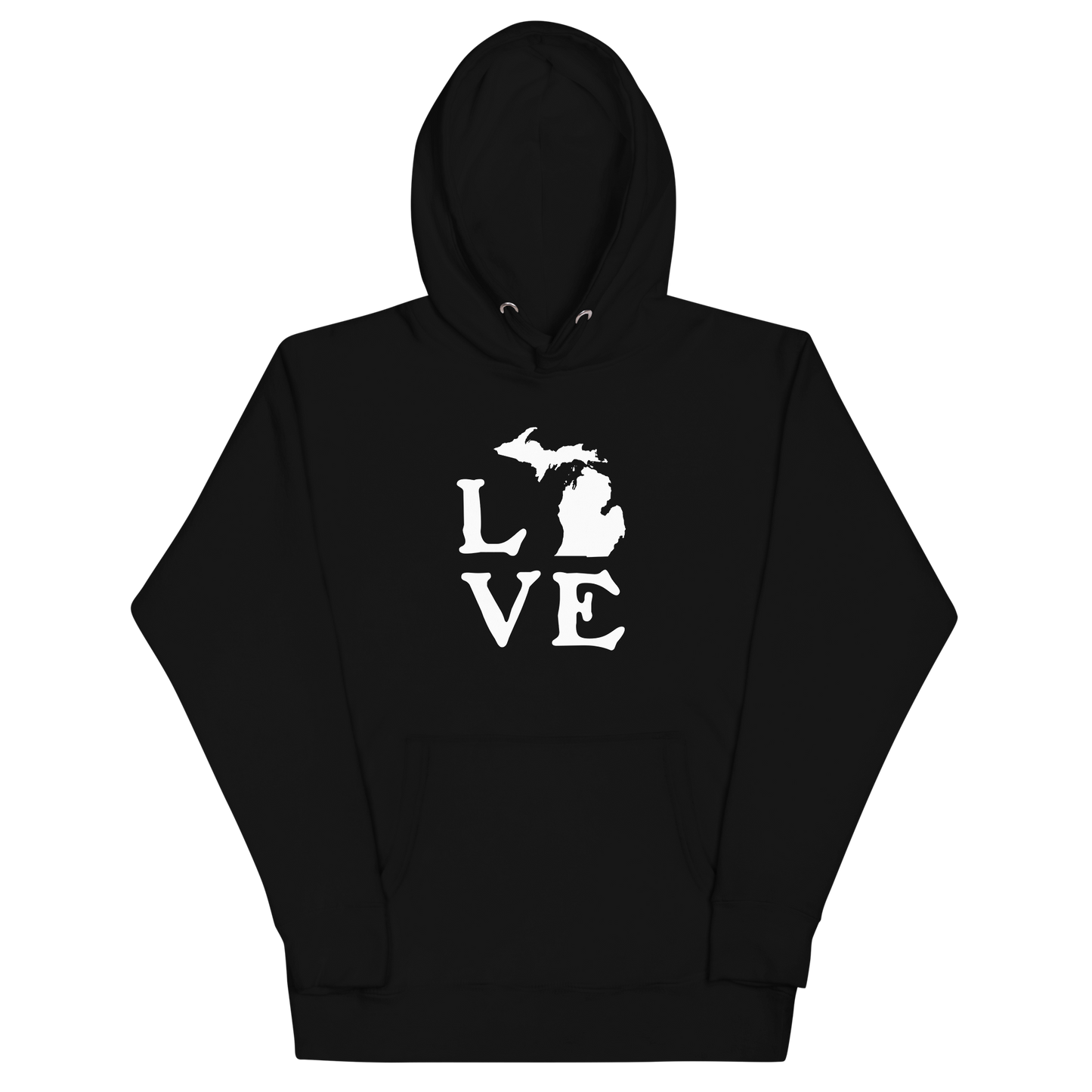 Michigan 'Love' Unisex Premium Hoodie (Woodcut Font w/MI Outline)